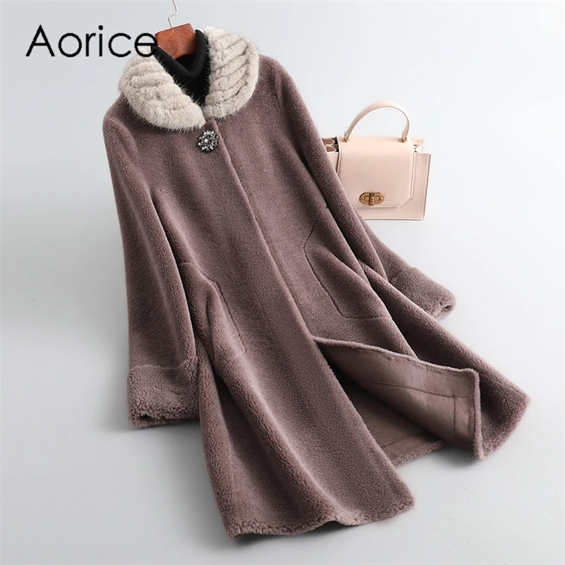 

Aorice Women Winter Luxury Genuine Wool Fur Coat Jacket Winter Warm Lady Real Mink Collar Over Size Parka Trench CT196