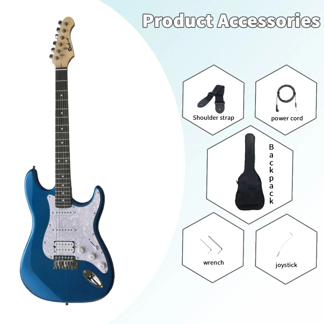 High-end metallic blue electric guitar with upgraded pearl pickguards and a single-single-double pickup configuration