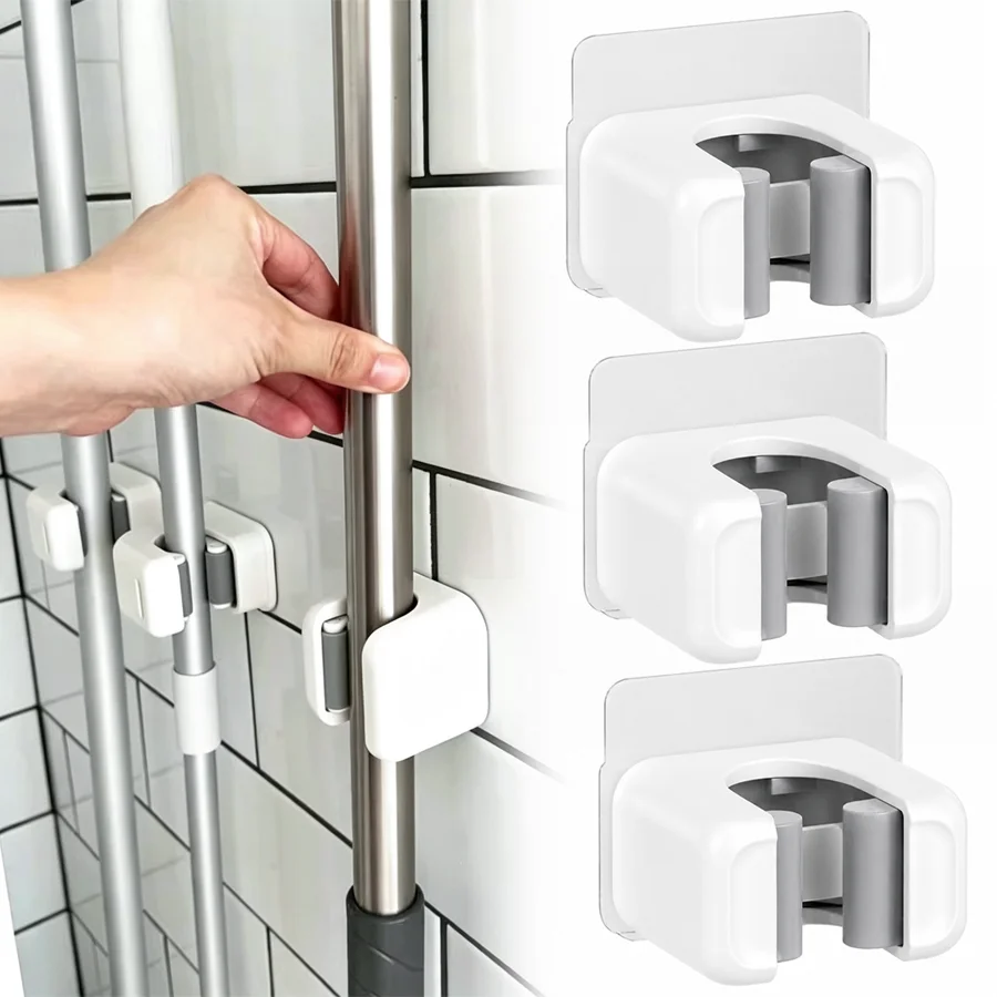 3pcs Mop Broom Holder Wall Mount, Punch Free Utility Pole Gripper Clips, Tool Organizer for Bathroom, Balcony & Kitchen XJM