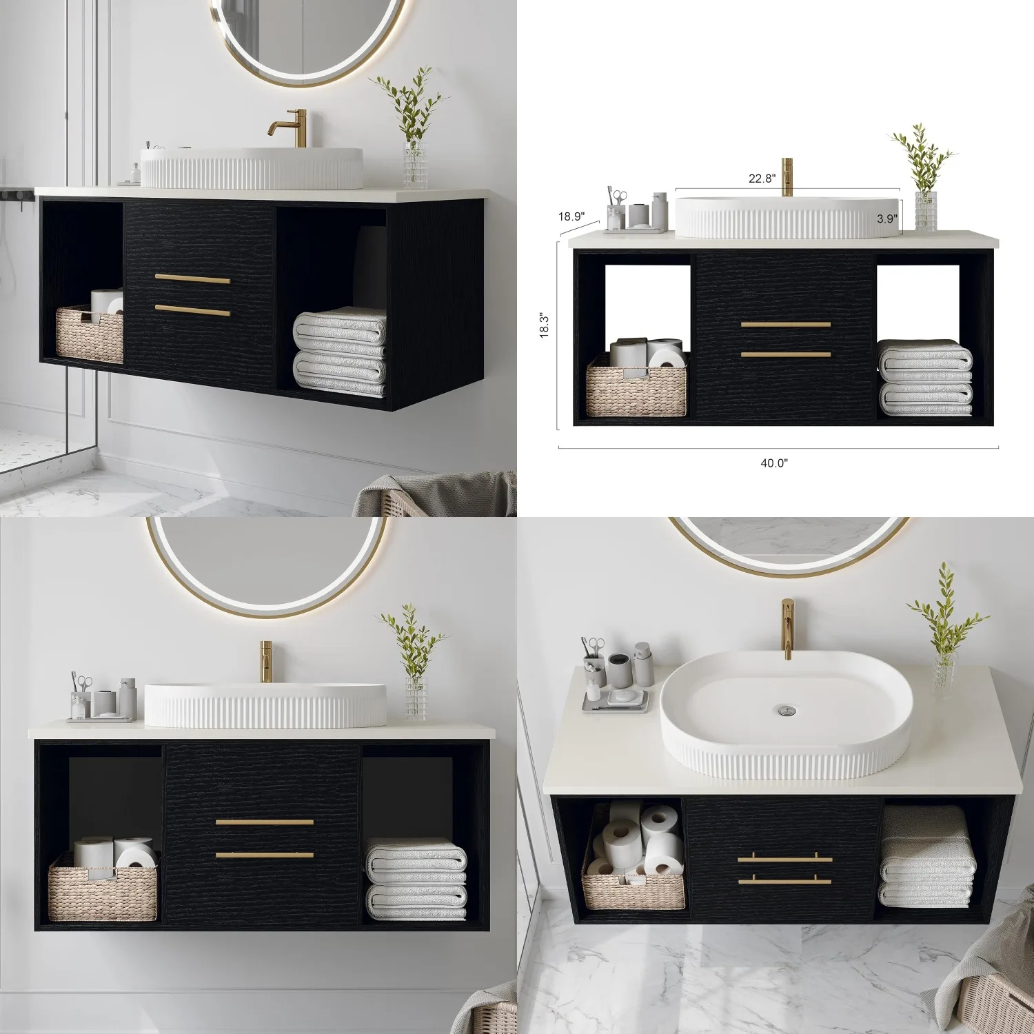 

40" Floating Bathroom Vanity with Ceramic Vessel Sink, 2 Drawers & 2 Open Cubes, Black Gold, Customized