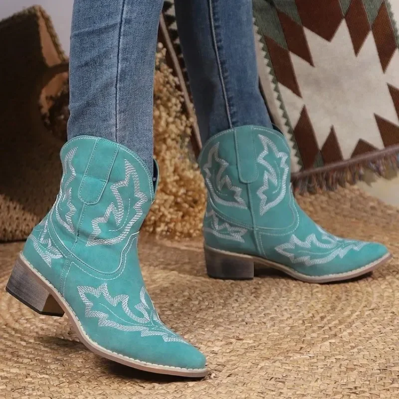 NEW Embroidery Botas Mujer Faux Leather Cowboy Ankle Boots for Women Wedge High Heel Boots Snake Print Western Cowgirl Boots 43