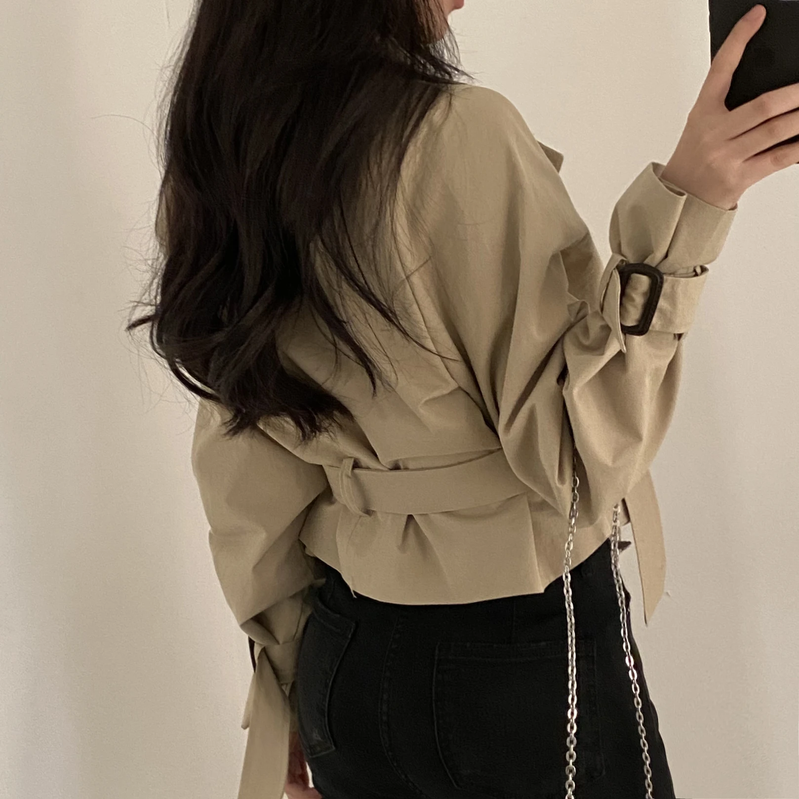 2colors 2023 Korean Women Autumn Trench Coats Short Jacket Casual Female Lace Up Coat Tops womens (hf1903)