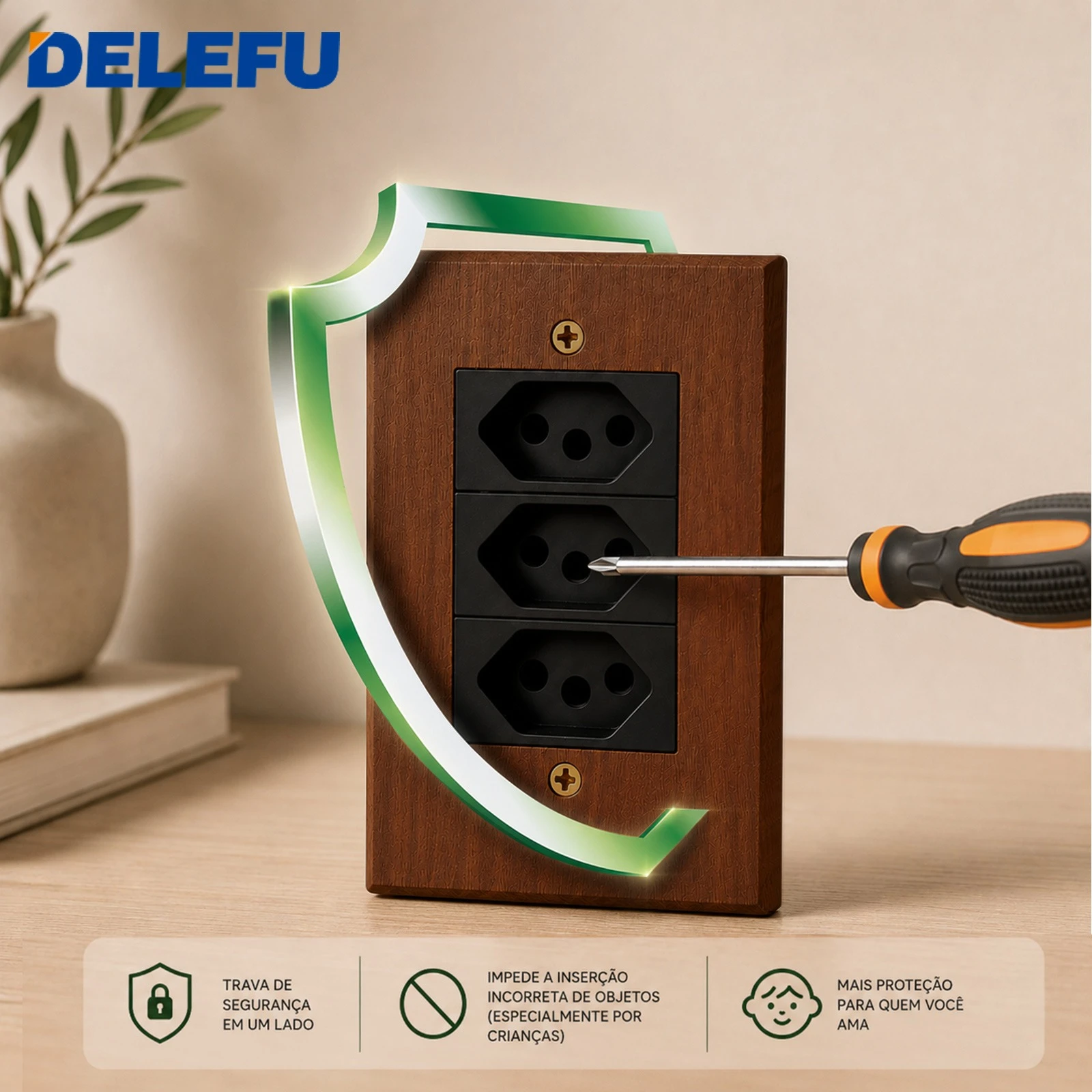 DELEFU Solid Walnut Wood Wall Switch Socket Retro Brass Toggle Switch 1/2/3 Gang Brazilian Type N Outlet 20W USB Type-C image 4
