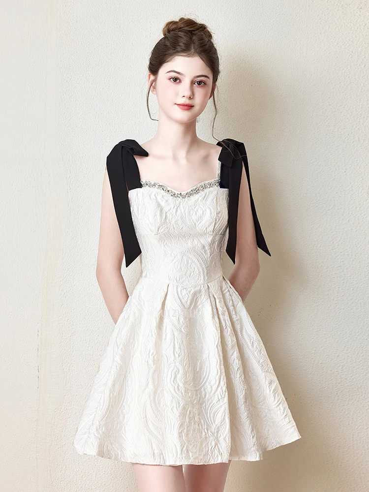 

Black White Patchwork Mini Party Dress Women Hot Lace Up Sleeveless Bow Evening Dress Simple Streetwear A-Line Wedding Dresses