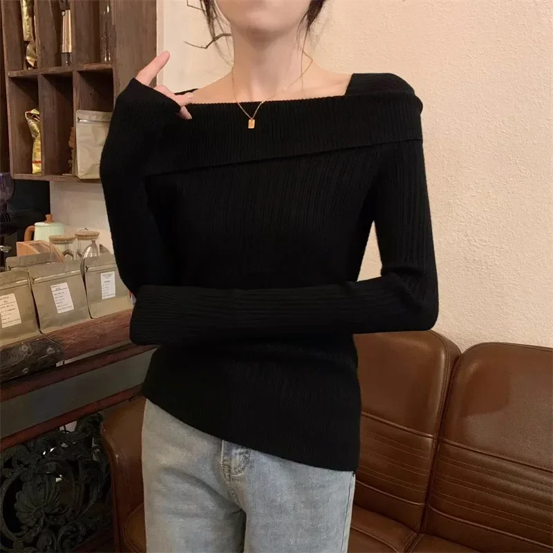 الصلبة مثير سليم قبالة الكتف مائل الرقبة طويلة الأكمام الحياكة سترة المرأة لاعبا مكتب موضة جديدة
