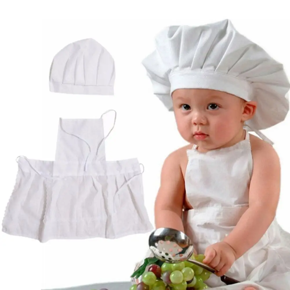 

2pcs/set White Hat Cooking Apron Soft Baby Costume Photo Accessories Infant Photo Clothes Newborn Photography Props