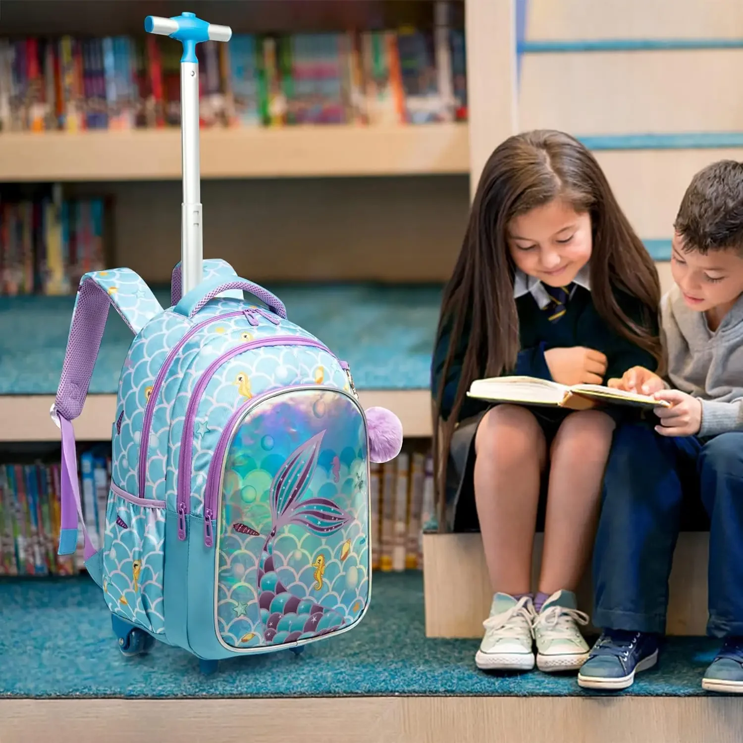 Set ransel bergulir anak-anak, tas sekolah beroda dengan tas makan siang terisolasi dan tempat pensil untuk anak laki-laki dan perempuan