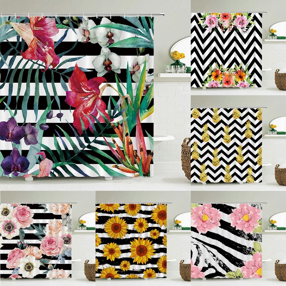 

black and white geometric flower shower curtains home decoration curtain with hooks bathroom waterproof polyester bath curtains