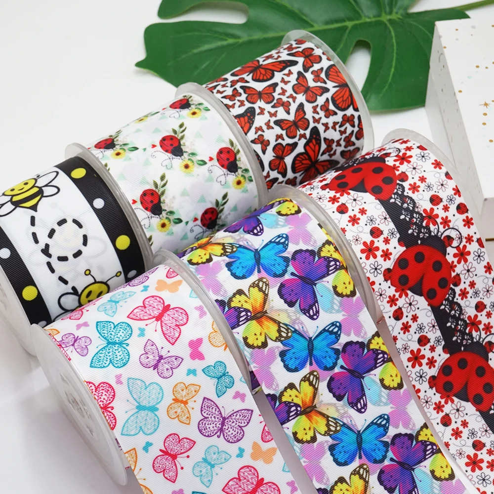 Cinta de grosgrain con estampado de insectos de dibujos animados DIY para suministros artesanales, accesorios de costura de 5 yardas, molde de resinas planas, 10 piezas. 51424