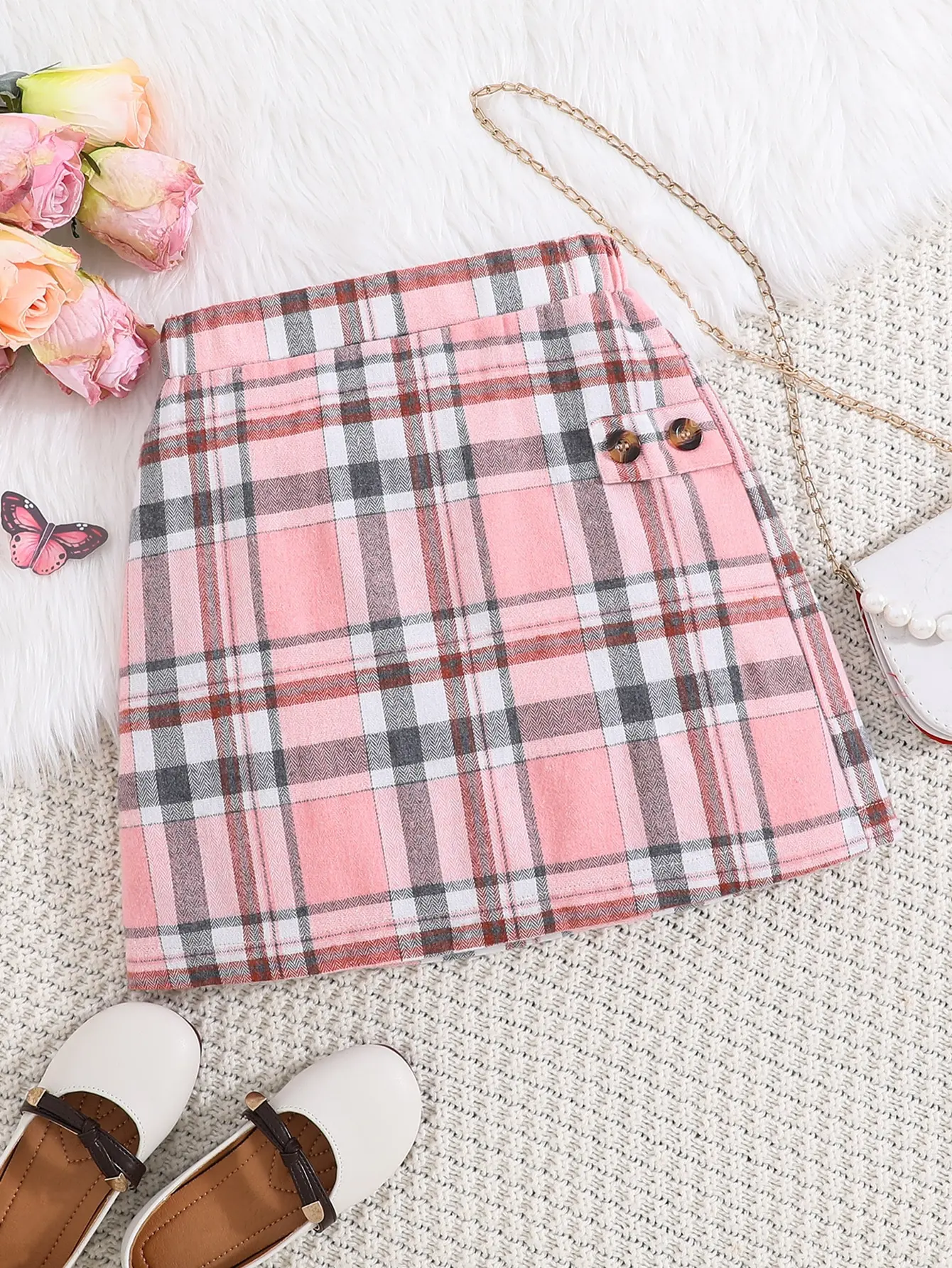 

Pink Plaid Mini Skirt with Button Detail for Girls