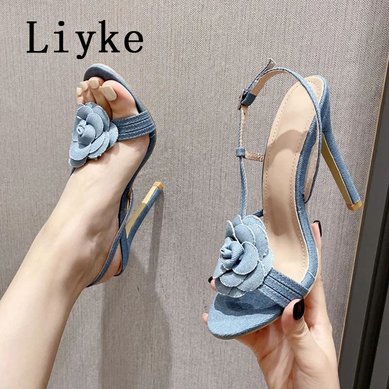 Liyke Fashion Design Patent Leather Flowers Open Toe Back Strap Sandal Women Silver High Heels Summer Party Prom Shoes Sandalias