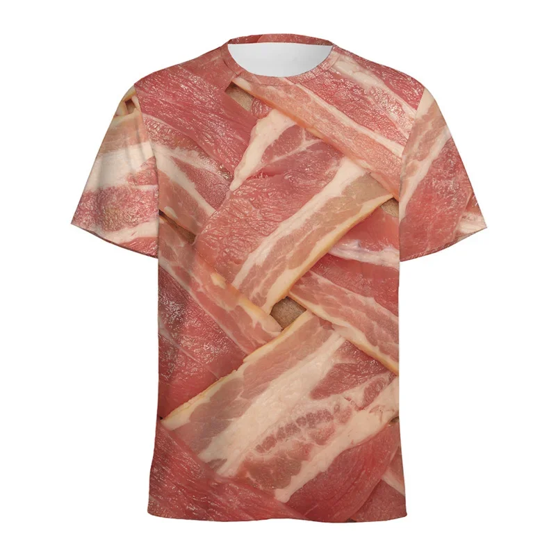 Men's Realistic Bacon Strips Print T-Shirt Funny 3D Pork Belly Meat Graphic Short Sleeve Tee Novelty Food Costume Casual Top