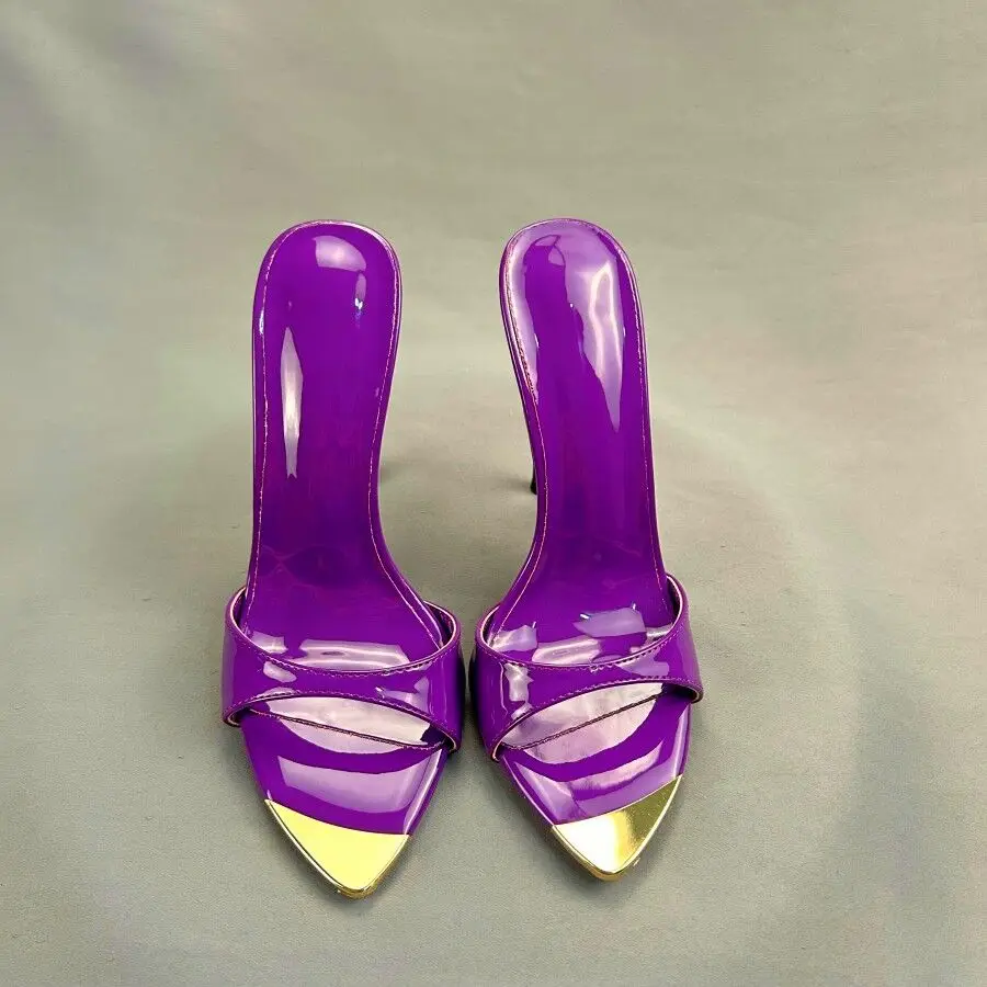 Designer New Shiny Purple Patent Women 12cm Sexy Pointy Toe Slip on Slippers Ladies Stilettos Sandals High Heel Party shoes