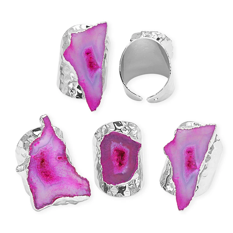 Irregular Geode Stone Agate Slices Open Ring for Women Girls  Silver Color Boho Resizable Finger Jewelry