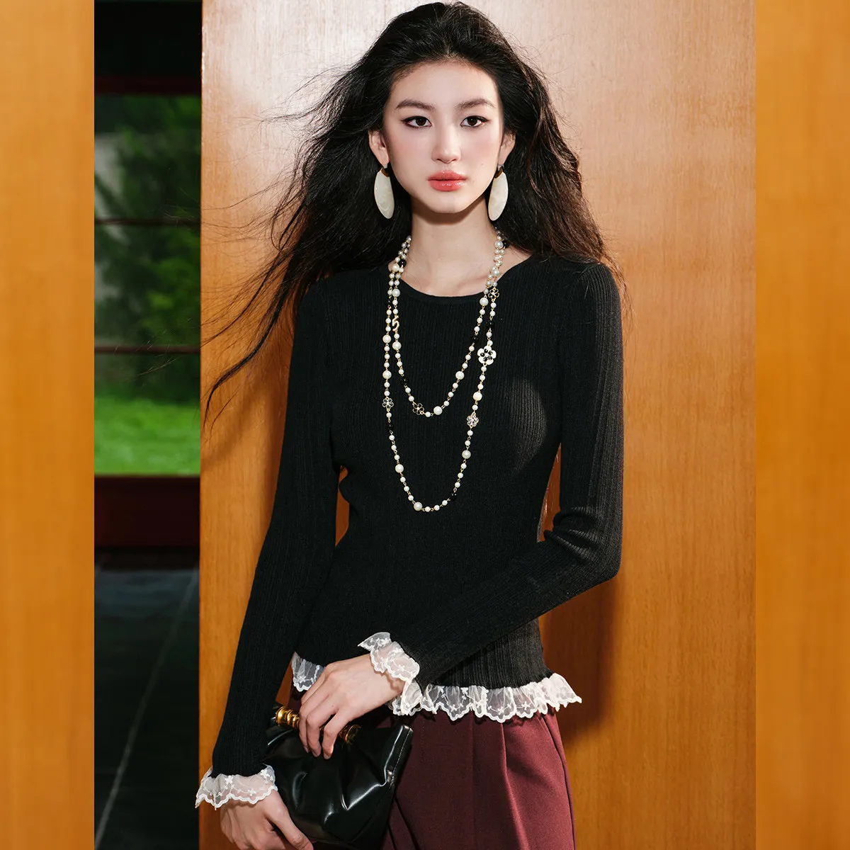 LOUIS YAO New Lace Contrast Color Long Sleeve Women's Knitted Pullovers 2025 Autumn Tops Knitwear Shirt Spliced Women's Sweater