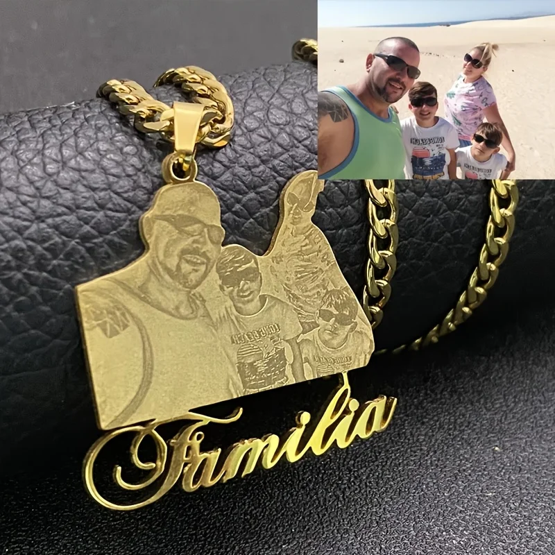 1 Piece of 18K Gold-Plated Custom Family Photo Necklace with Cuban Chain, Can Be Engraved with Names, Stainless Steel Pendant, Commemorative Jewelry for Parents