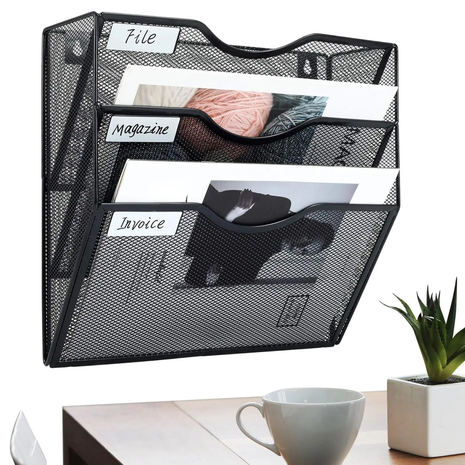 Wall Mounted Document Storage Rack 3-Tier Metal File Organizer Vertical Mesh Rack Tray Storage Box Sorter Divider Office