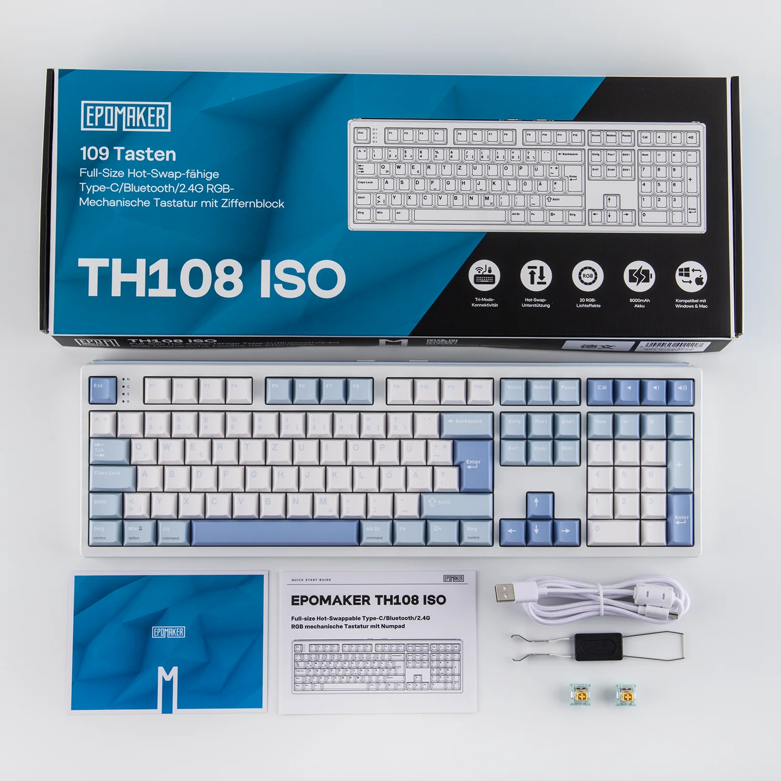 Klawiatura mechaniczna ISO-DE, model EPOMAKER TH108, w pełnym rozmiarze, z przewodowym/z Bluetooth/2,4 GHz bezprzewodowym połączeniem, podświetleniem RGB, baterią o pojemności 10000 mAh, kompatybilna z systemami Mac i Windows. — zdjęcie produktu 6