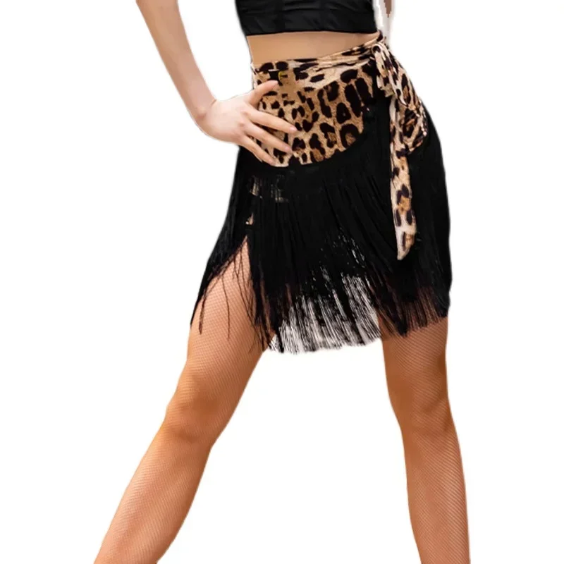 Fringe Latin Dance Skirt Leopard Sexy Adult Latin Wrap Skirts Spandex Latin Dance Dress Women\'s Black Practice Skirt Hip Scarf