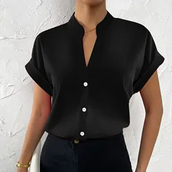 Elegant Fashion Women Blouse 2024 Summer Simple Tops Solid Slim Fit V-Neck Button Office Commuter Female Short Sleeve White Shir