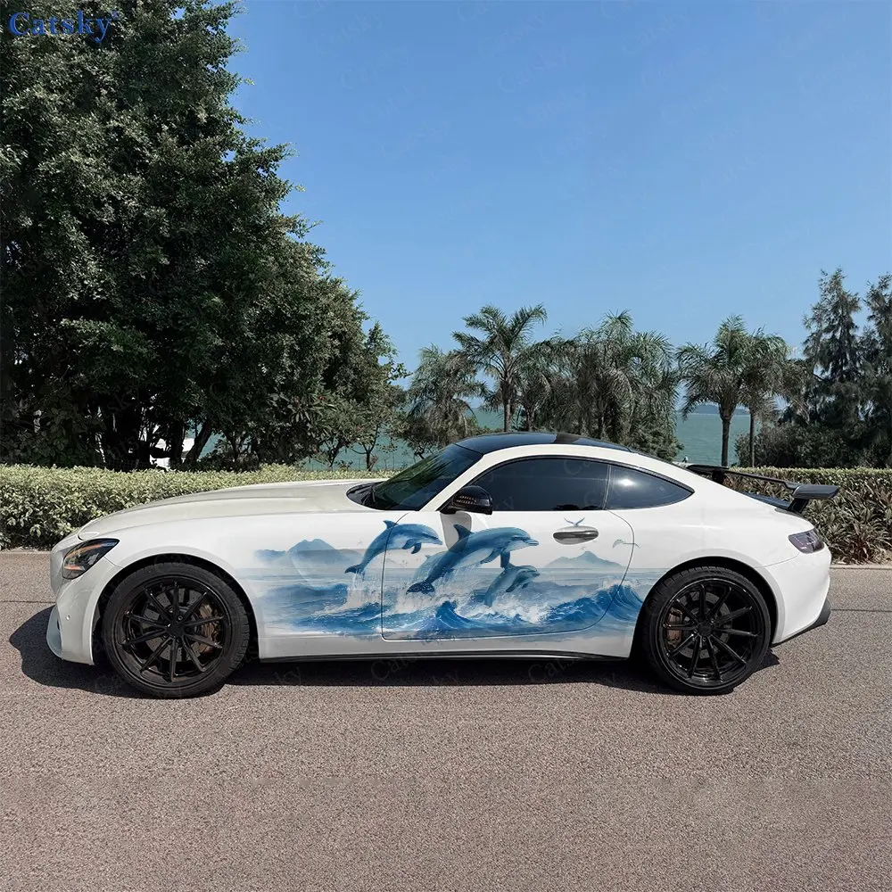

2pcs Dolphin Group Stickers Car Stickers; Full-body Floral Decoration Covering Scratches; Waterproof Car Vinyl Wrap