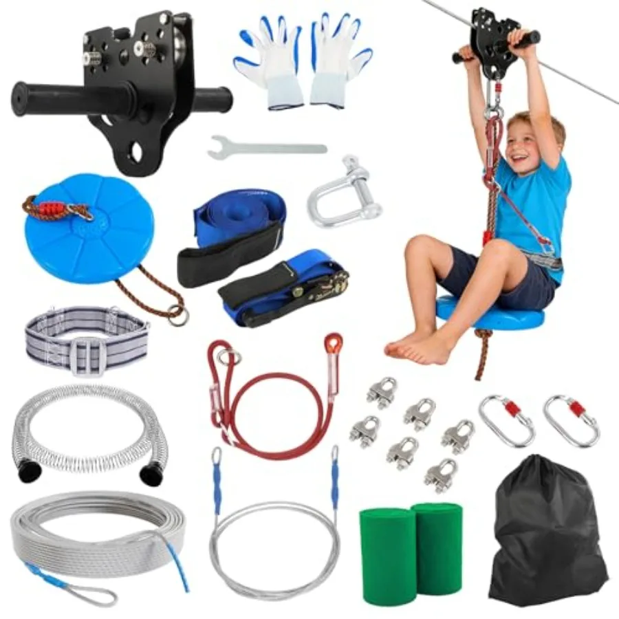 

Backyard zipline for kids and adults: 200FT, 400 lbs capacity, upgraded quick-tightening system, removable trolley, height-adju