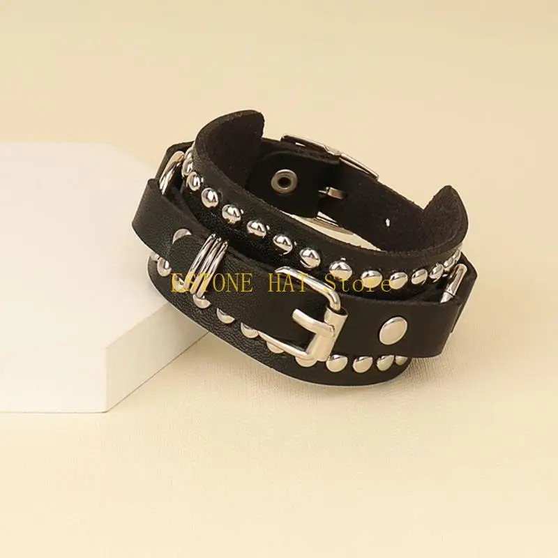 49MF Punk Black Cuffs Wrap Leather Studded Bracelet Wristband Metal Rivets Studded Bangle for Women Men Rock Gothic Jewelry