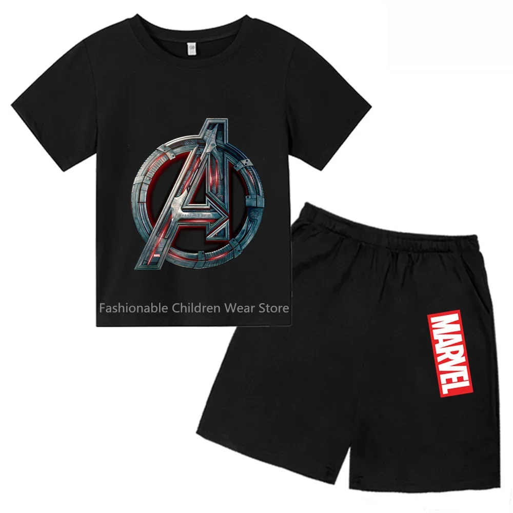 Cool Marvel Avengers Cartoon Design Kids' T-shirt and Shorts Set - Stylish and Refreshing for Boys & Girls' Summer Outdoor Fun