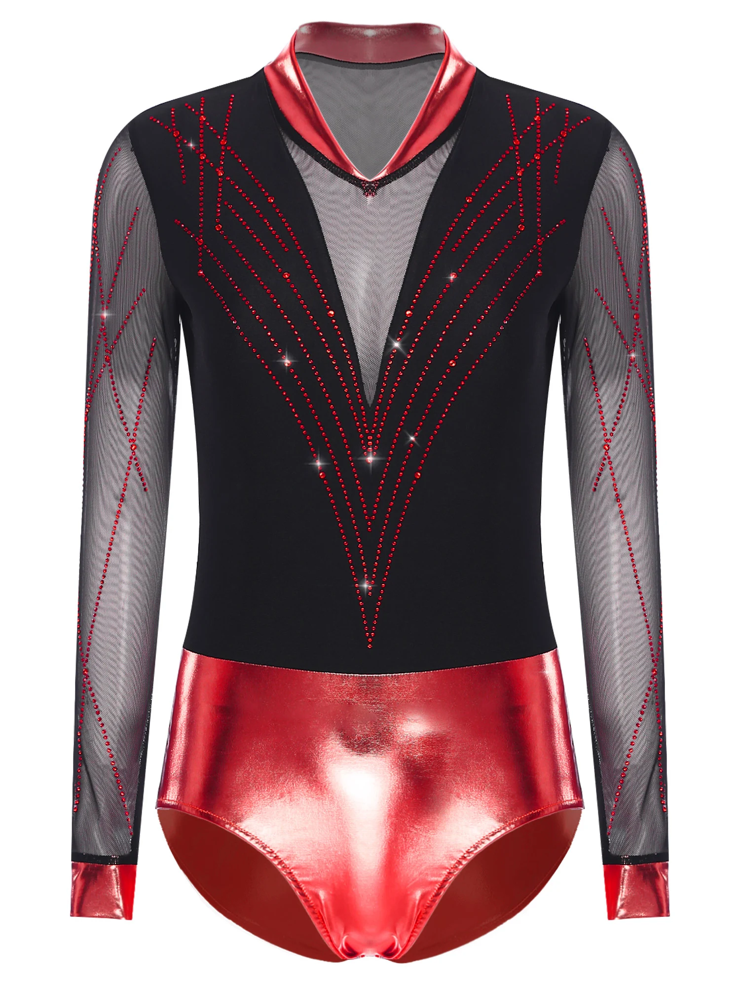 

Women Elegant Figure Skating Leotard with Metallic Patchwork And Sheer Mesh Sleeves Bodysuit for Ballet Latin Dance Performance