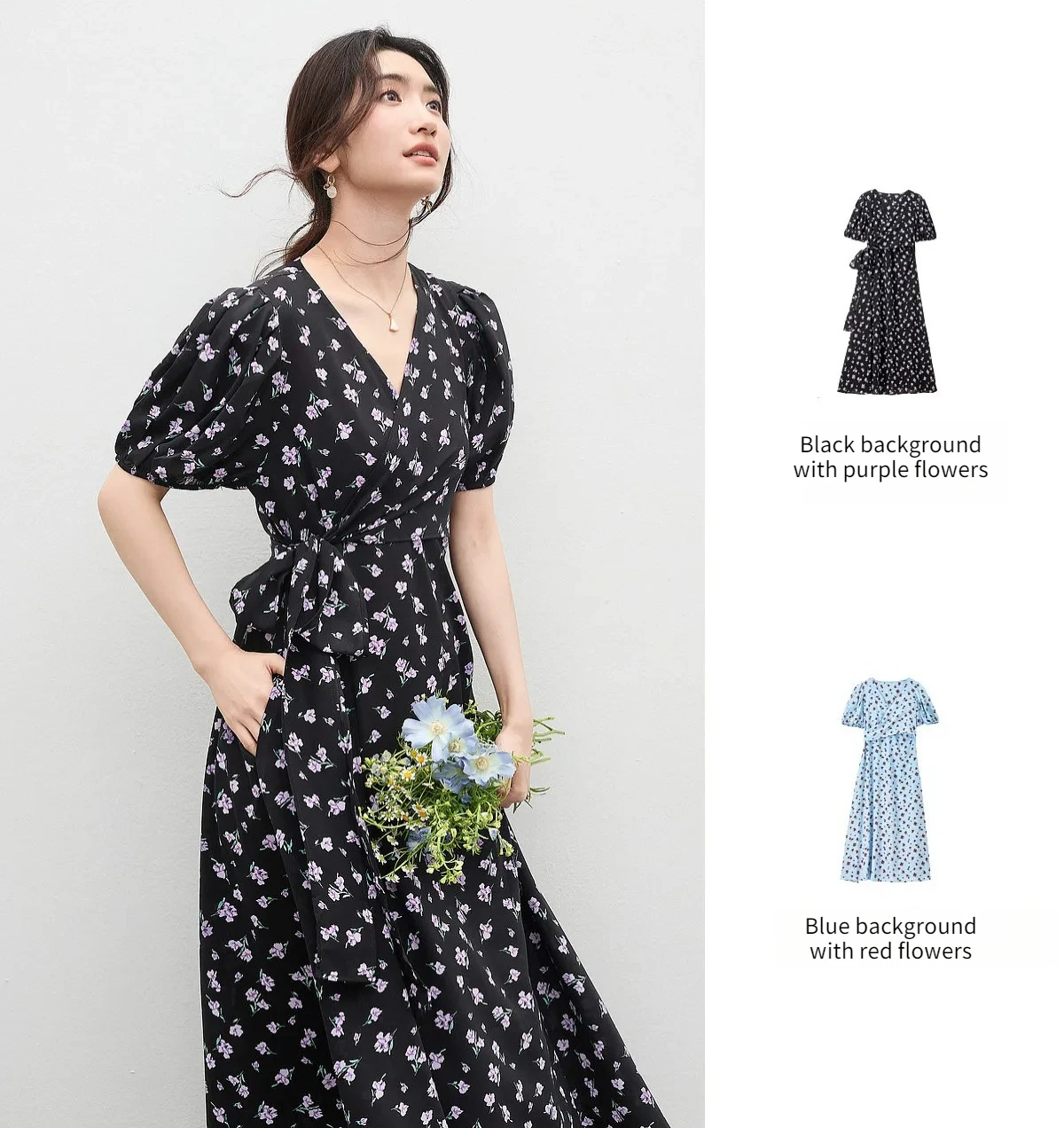 SENTUBILA 2026 Sommer-Blumenkleider für Damen, Französischer V-Ausschnitt, Puffärmel, Elegantes Taillenband, Figurbetontes Bedrucktes Midi-Kleid W62LF7571 – Detail 13