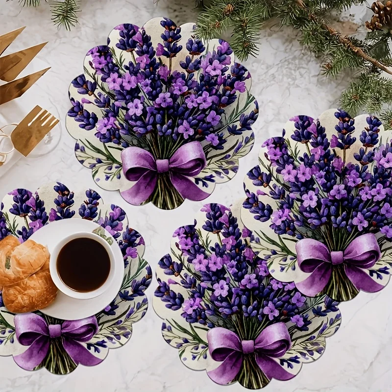 VIKAMA 4-Piece Lavender Bouquet Placemats with Wavy Edges and Round Purple Bow Pattern for Home Table Decor and Accessories