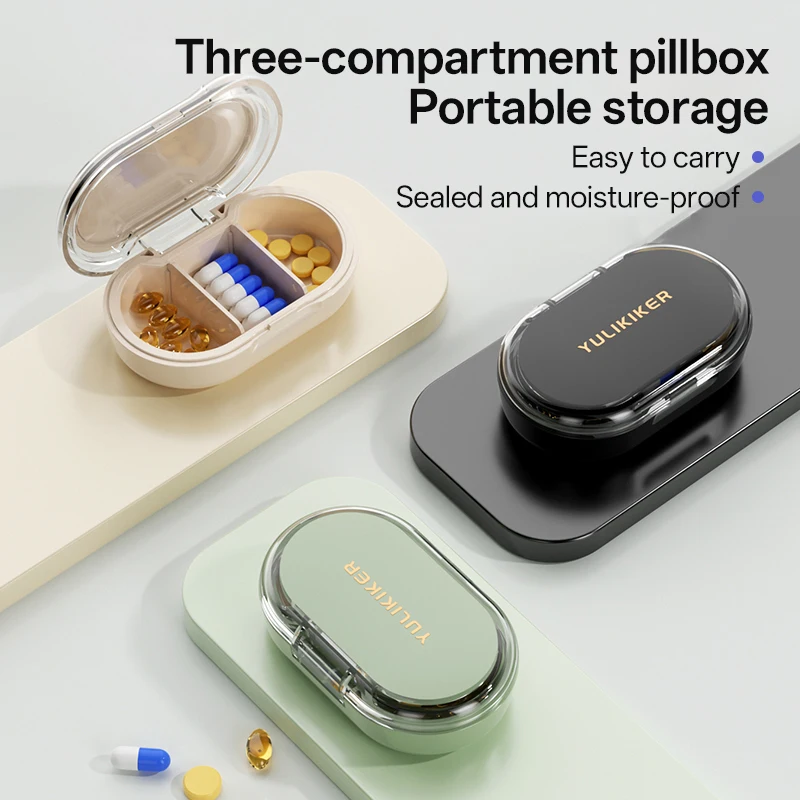 Portable Pill Box with 3 Compartments Sealed Moisture-Proof Removable Divider Compact Travel Organizer for Medicine