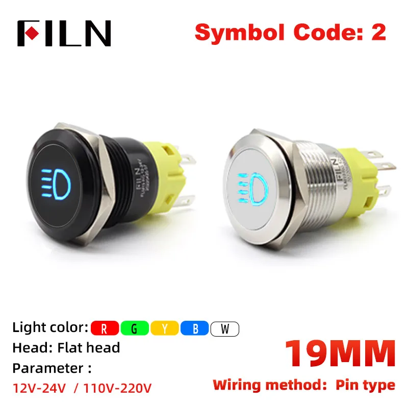 

FILN 19mm 12V LED Stainless Steel Black Shell Metal Push Button Switch Custom High Beam Symbol for Car Racing Dashboards
