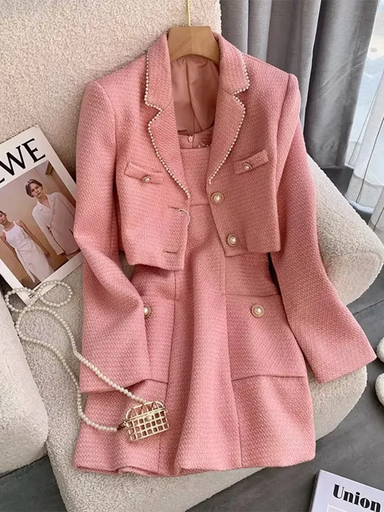 Imagem -05 - Conjunto Feminino de Duas Peças de Tweed de Fragrância Pequena Jaqueta Curta Roupas de Cabolsa e Vestido Moda Coreana Doce Suave Alta Qualidade