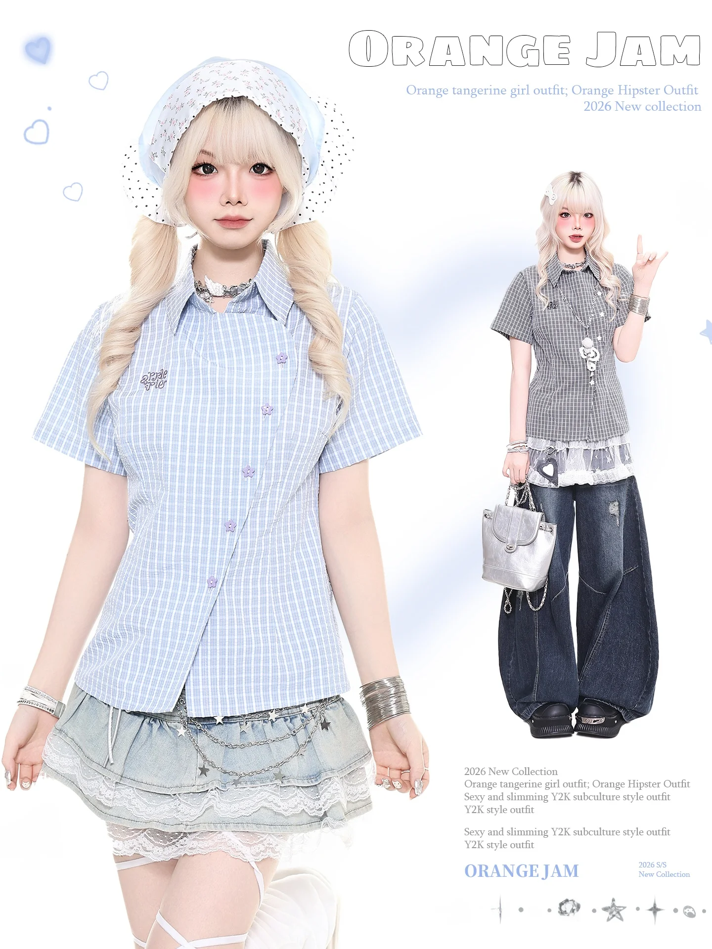 

Sweet Summer Short Sleeve Shirt Women's Slim Fit Plaid Embroidery YO Style Japanese Sweet School Uniform Straight Leg Jeans S...