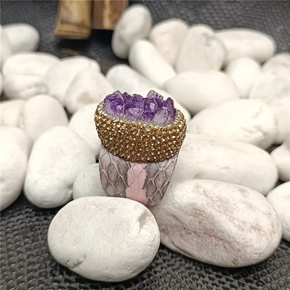 Natural Amethyst Surrounded Rhinestone Leather Ring Ladies Personality European and American Exaggerated Trend Jewelry