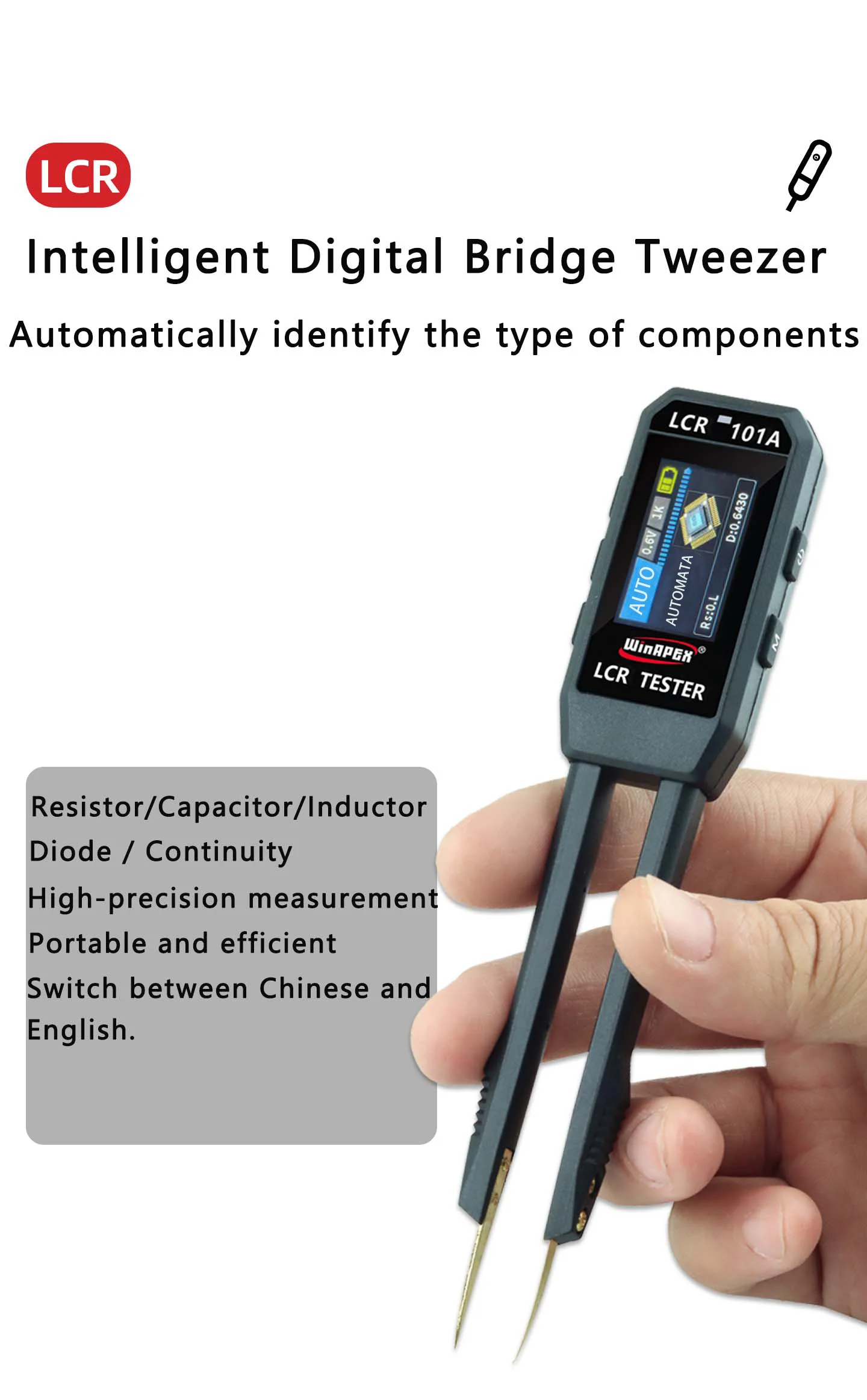 LCR-101A Digitaler LCR-Brückentester 10kHz Wiederaufladbare Lithium-Batterie Kondensatoren, Widerstände, Dioden Induktanztest SMD-Tester – Detail 1