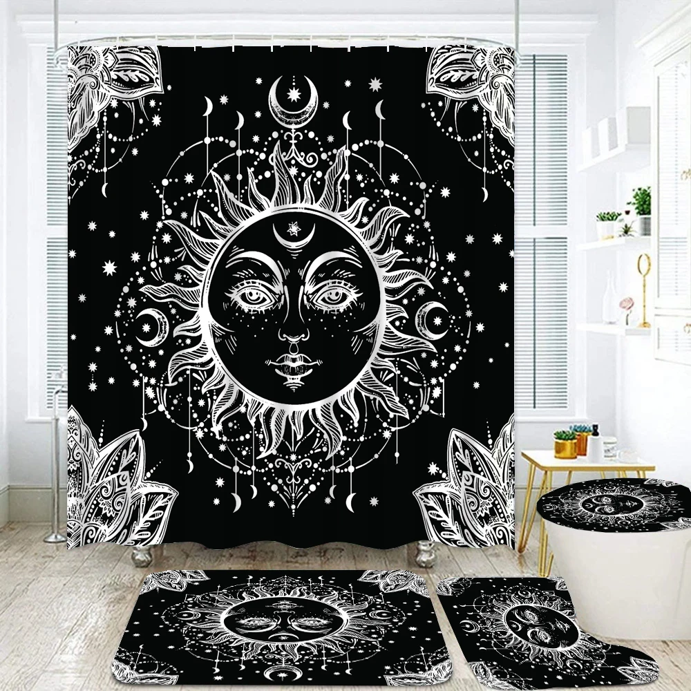 Black White Sun Moon starry Shower Curtain Set Bathroom Shower Curtain Non-Slip Bath Mat Toilet Lid Cover Polyester Waterproof