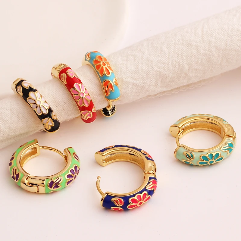 Gold Filled Enamel Flower Daisy Chunky Round Circle Hoop Earrings Female Gold Color Copper Ear Buckle Huggies Jewelry for Women