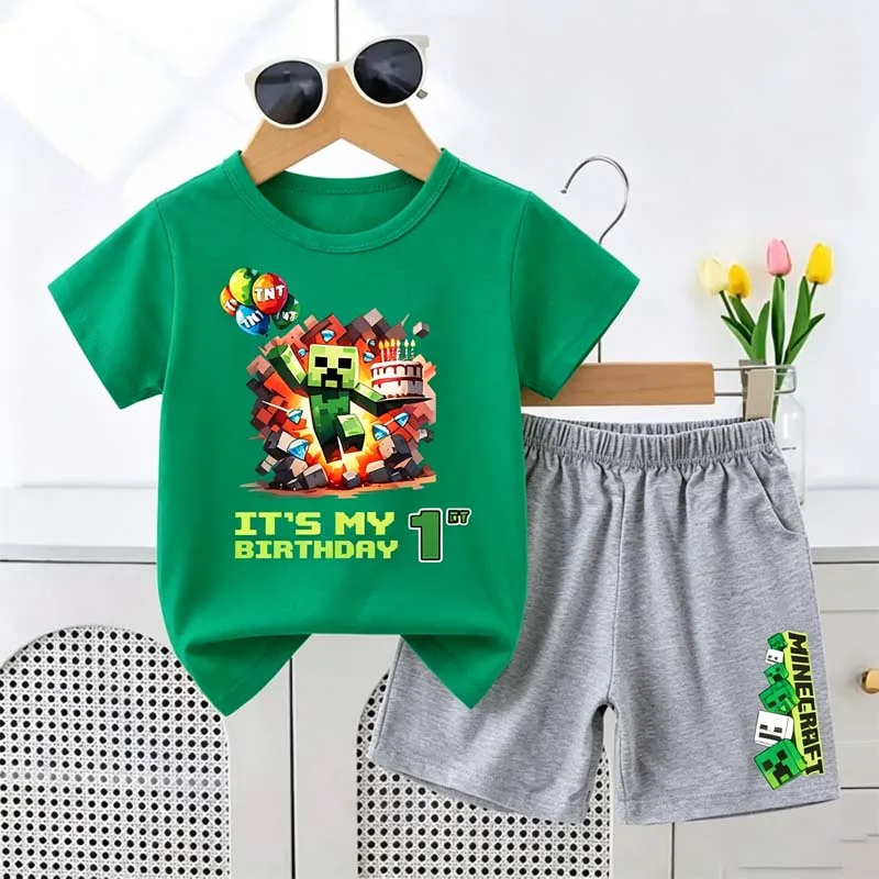 

Miner Crafts Creeper Print T-shirt 2pcs for Kids 1-9Nunber Tops Summer Cotton Short Sleeve Boys Girls Casual Children's Clothes