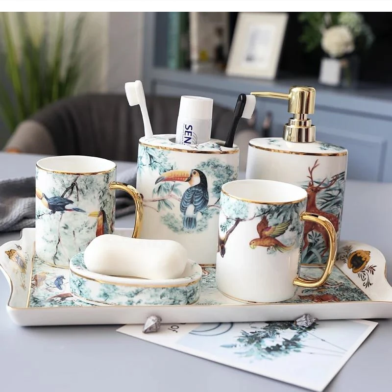 

European pastoral light luxury ceramic bathroom wash 5 piece set Household toothbrush holder with tray wedding gift