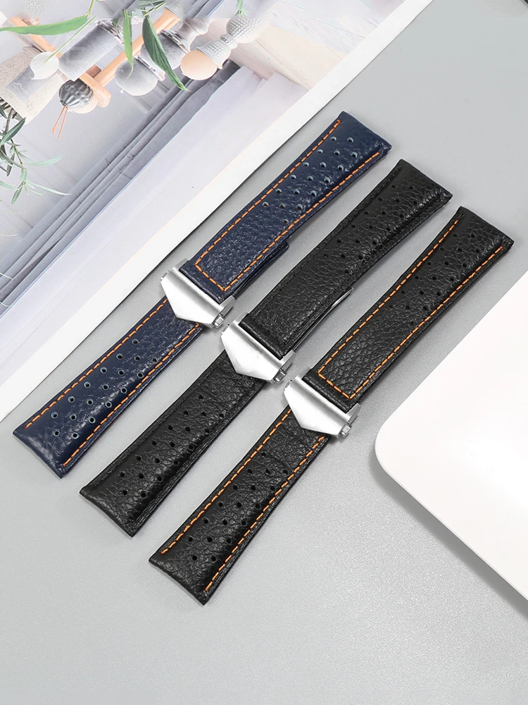 Solid Stainless Steel Folding Buckle Watch Strap for Tag Heuer Monaco Gulf Series Breathable Genuine Cowhide Watchbands 22mm