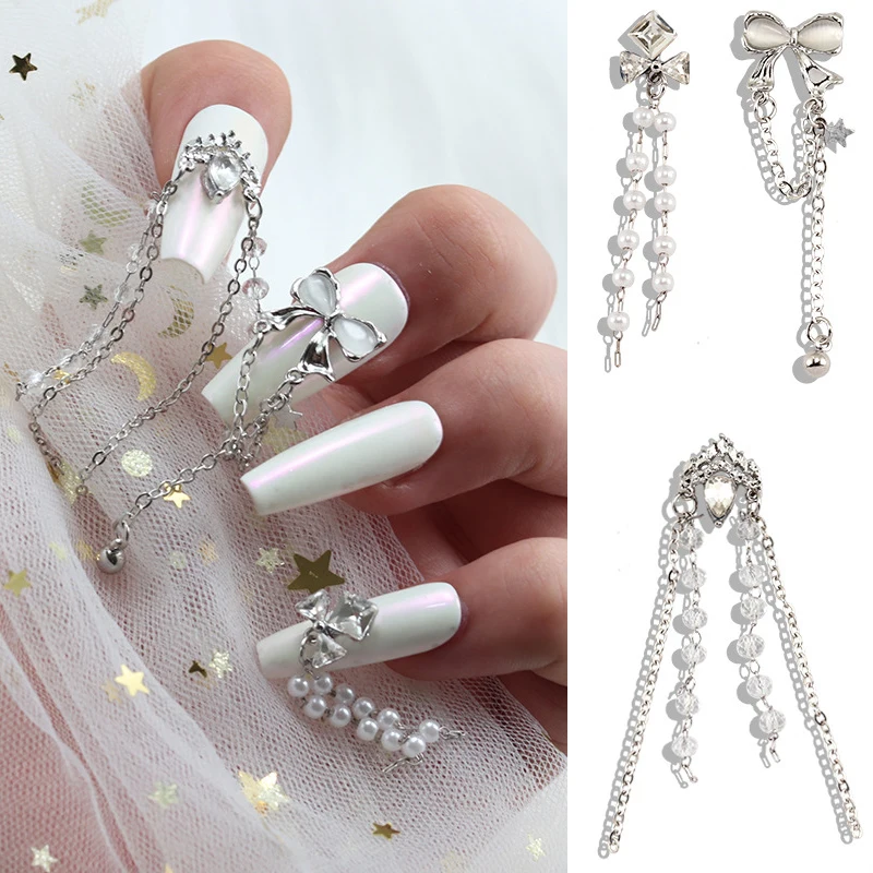 5/10 Uds. De dijes colgantes de cristal para decoración de uñas de aleación de lujo 3D, accesorios de cadena de perlas para decoración de uñas, suministros de manicura de diseño