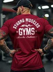 2025 STRONG MUSCLE Print Mens Gym power Training T Shirt Sports Jogging Short Sleeve TeesRunning Men Oversized Clothing Tops