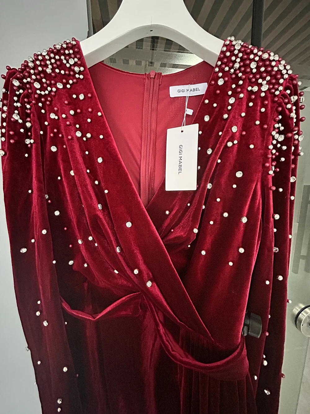 GIGI MABEL, vestido Formal de manga larga con cremallera trasera y cuentas manuales con adorno de cristal, vestido de noche elegante para graduación para invitados de boda