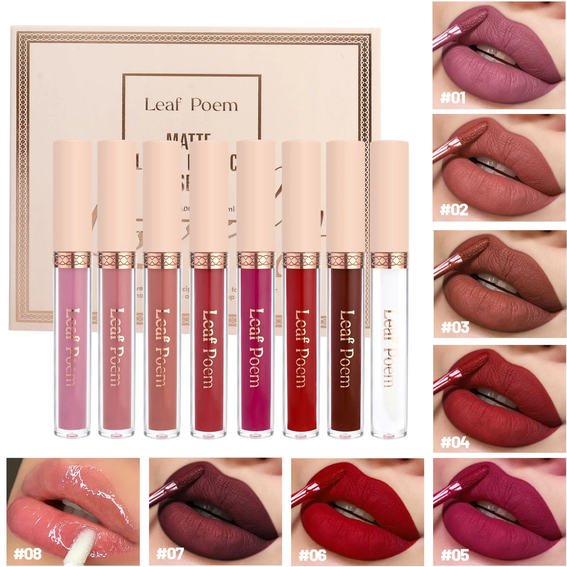 

8Pcs Non-Stick Lip Gloss Set Matte Velvet Waterproof Long Lasting Lipstick Smudge Proof Luxury Lip Stain Kit for Wedding Makeup