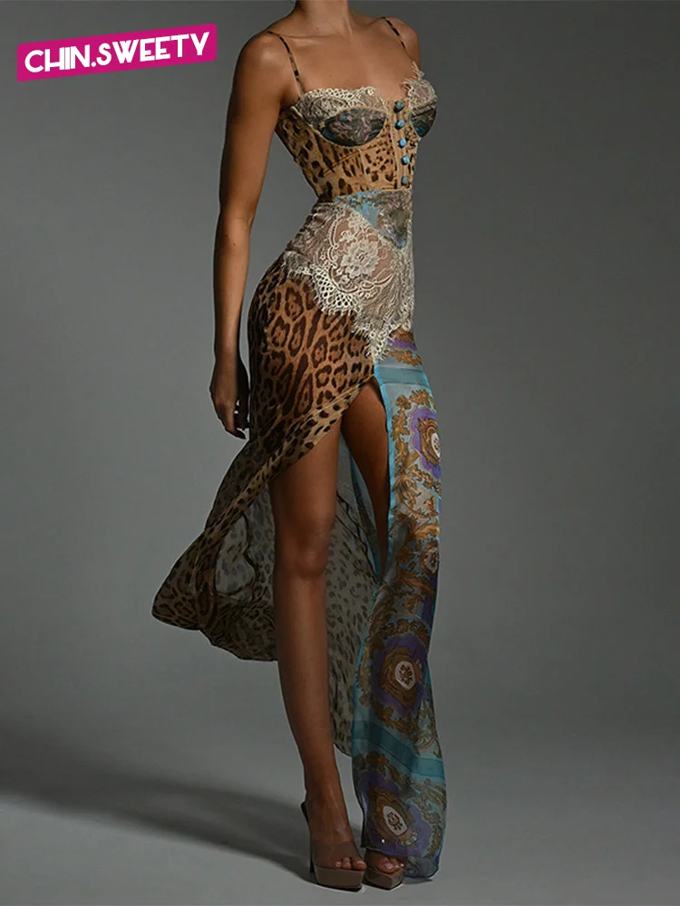 ชุดเดรสยาวลายเสือดาวเซ็กซี่แบบผ่าข้าง สายเดี่ยว ผ้าตาข่ายบางเบา สำหรับผู้หญิง ฤดูร้อน 2025 ชุดราตรีหรูหราสำหรับงานปาร์ตี้