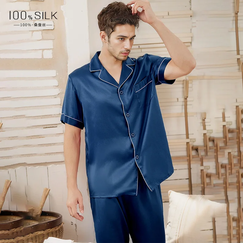 

2025 New Summer Style Men's Silk Pajamas - 100% Mulberry Silk Short-sleeve and Long-pants Two-piece Loungewear Set