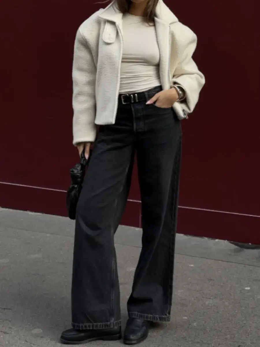 

Female Straight Black Denim Pants High Waist Casual Jeans