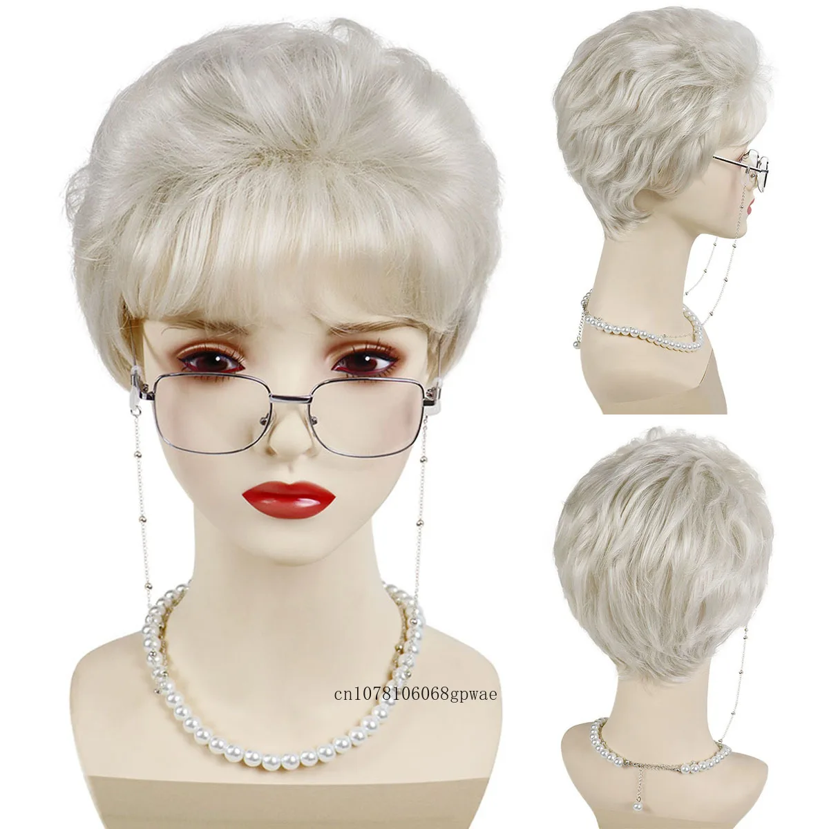 Synthetic Short White Old Lady Wigs for Women Granny Cosplay Costume Set with Glasses Chain Necklace Daily Blanche Halloween Wig